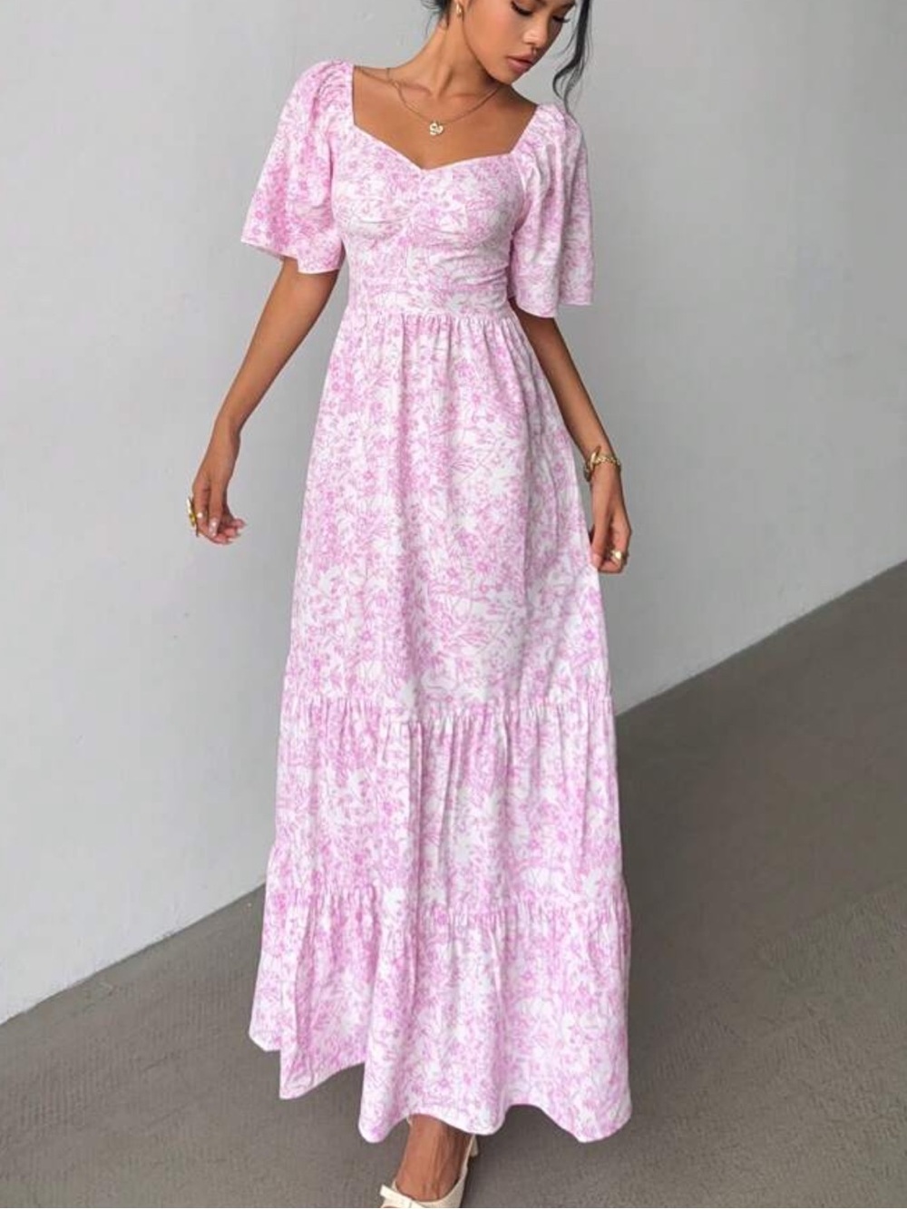 Women’s Pink Floral Maxi Dress - Elegant Square Neck